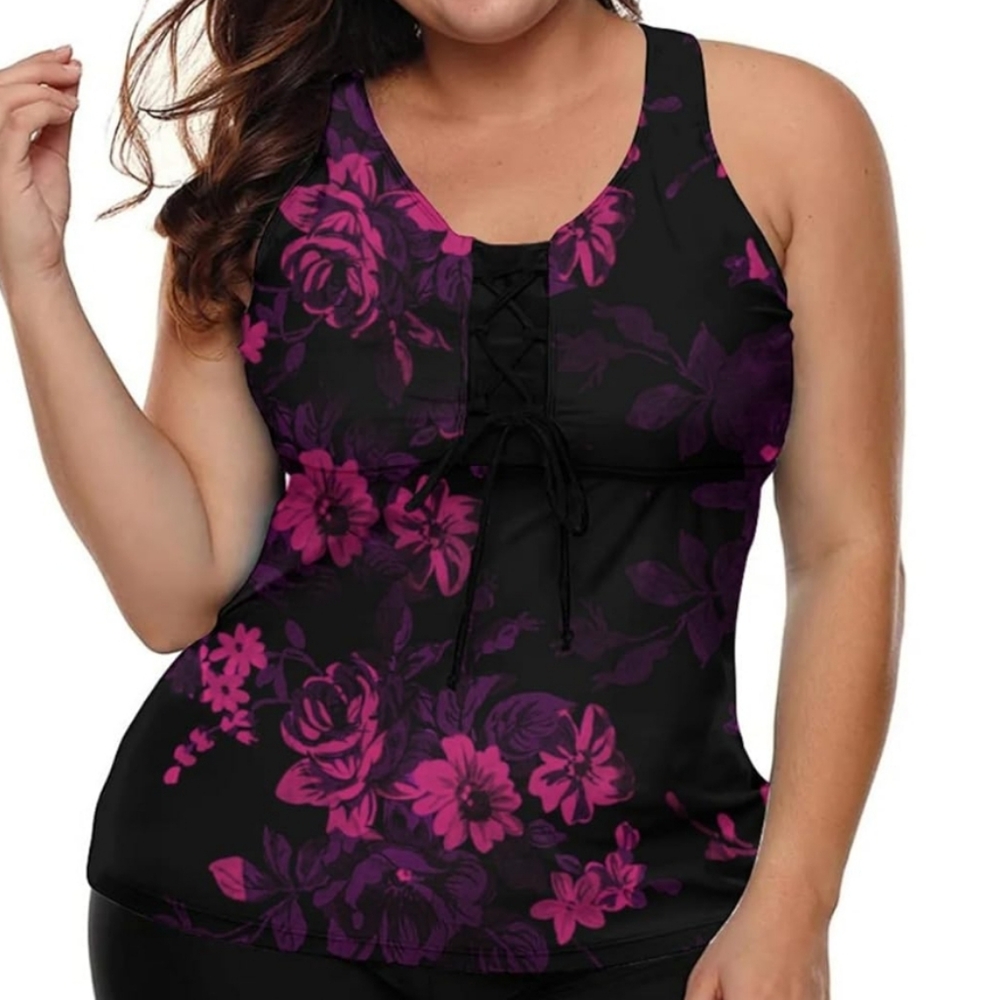 NWOT Floral Black and Purple Women's Swimwear Top Only